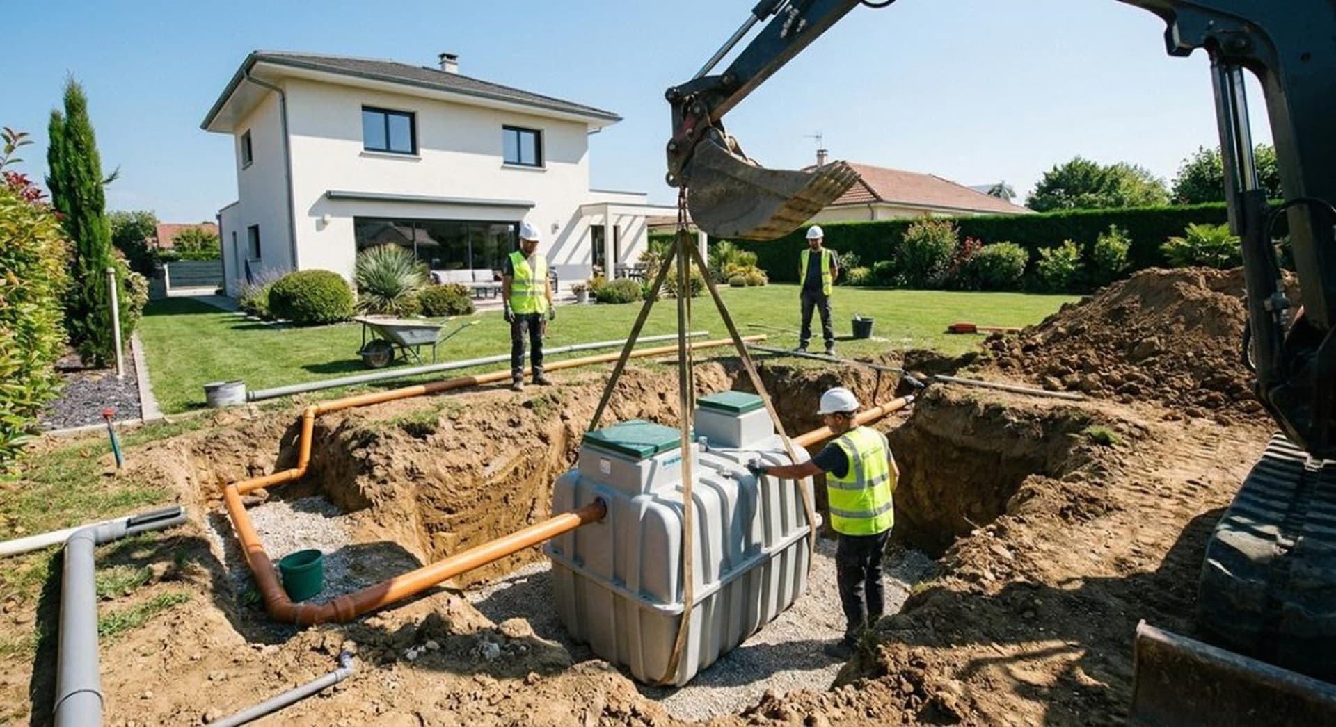 Pose d’un ouvrage d’assainissement en tranchée avec canalisations — illustration travaux réseaux