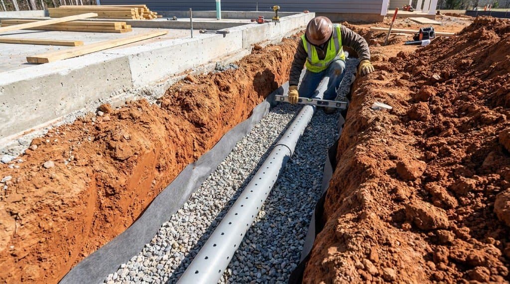 Pose d’un drain périphérique avec géotextile et lit de grave — illustration travaux drainage